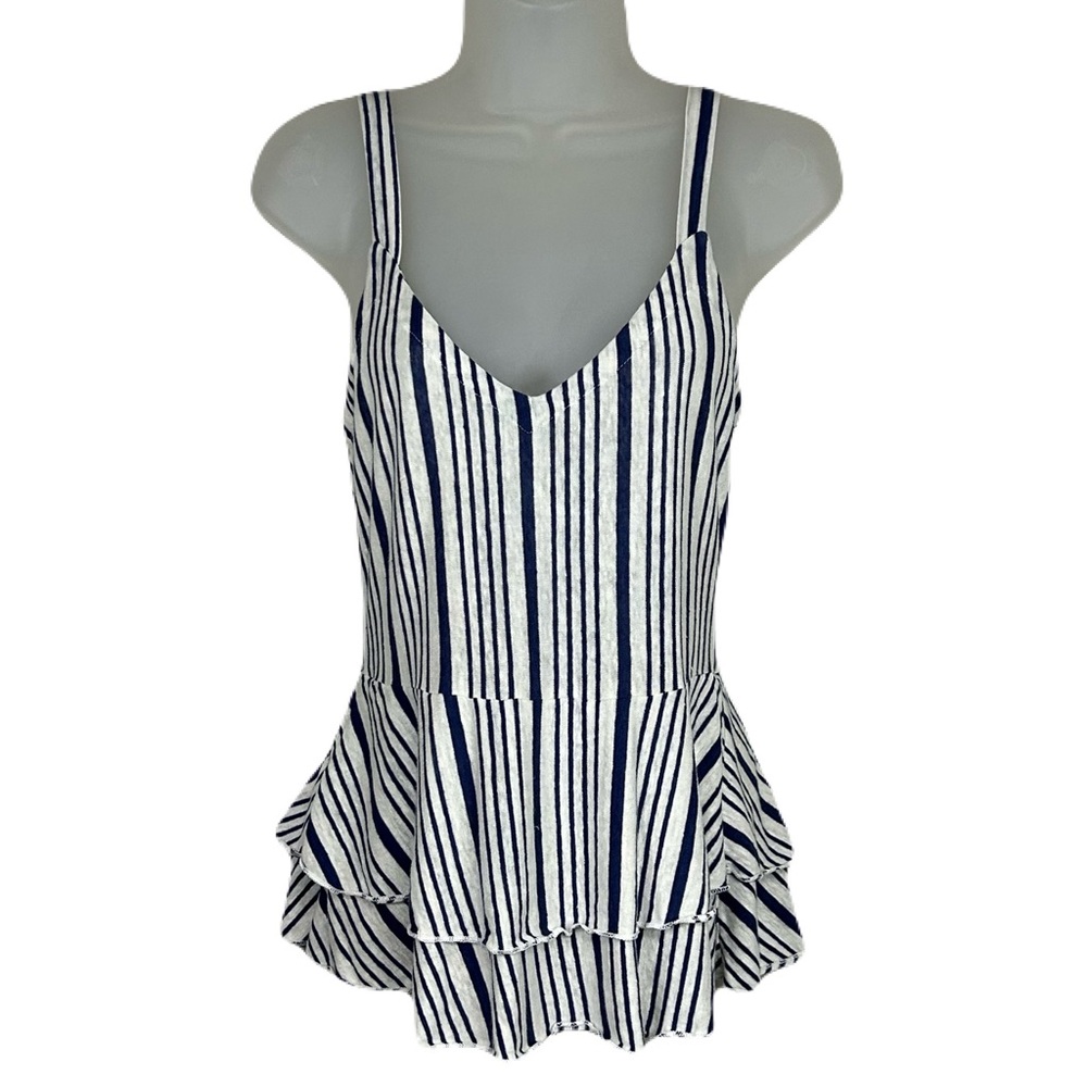 Chaser Linen Peplum Tank‎ Top S Stretch Knit Blue Gray Nautical Euro Summer